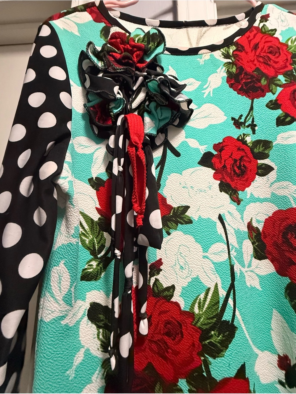 Floral Ruffle Hi-Low Blouse in Aqua and Red by - Picture 3 of 4